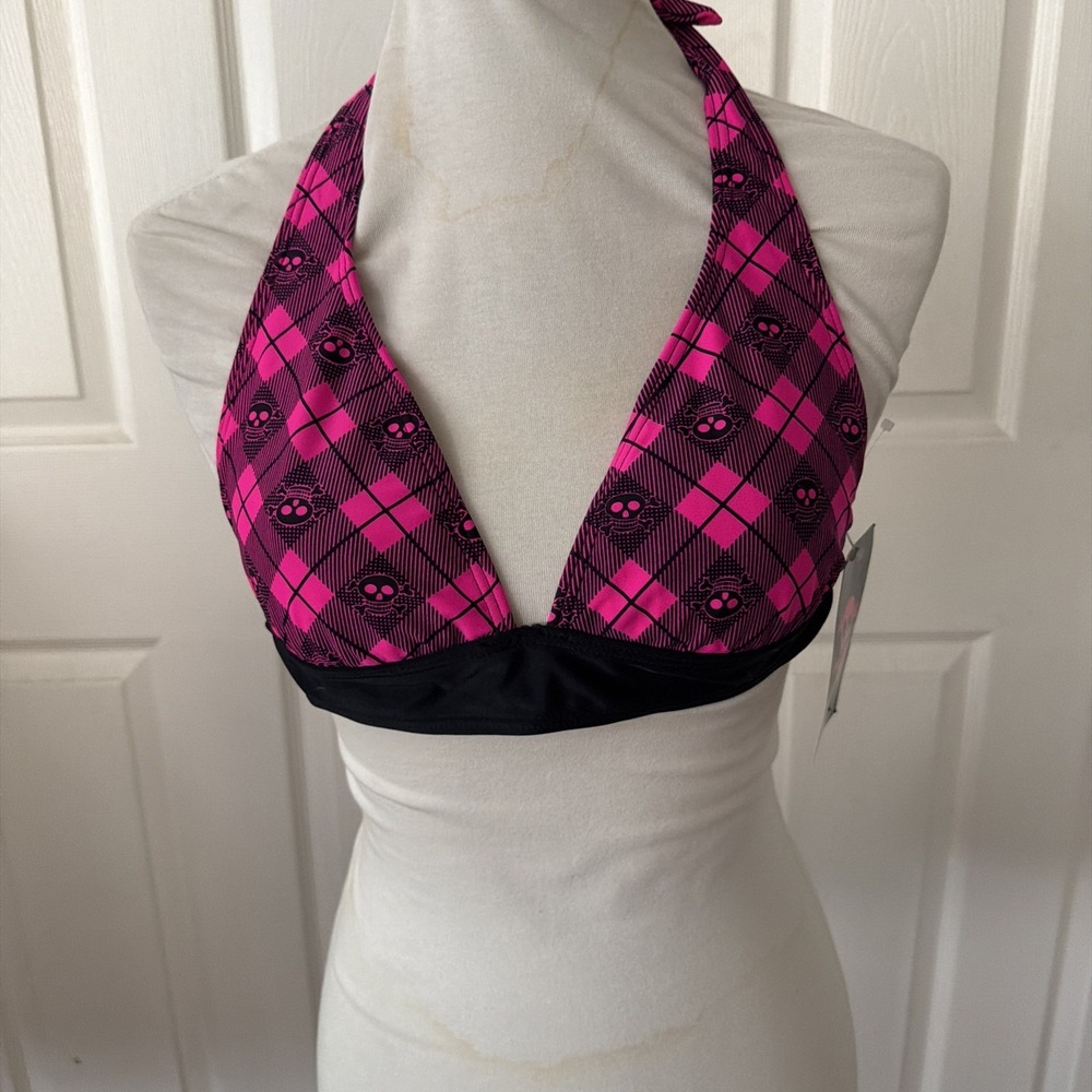 Kaligirlz Jr Womens Bikini Top Med Halter Bra Swim Plaid Skull Beach Travel